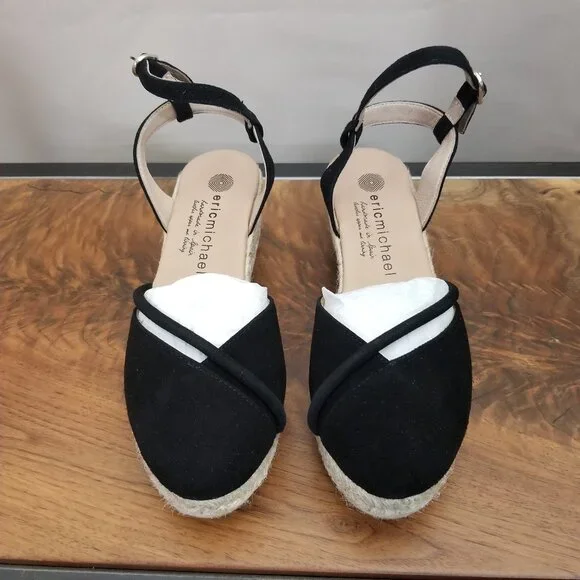 Eric Michael Emily Black Suede Leather Espadrille Platform Sandal